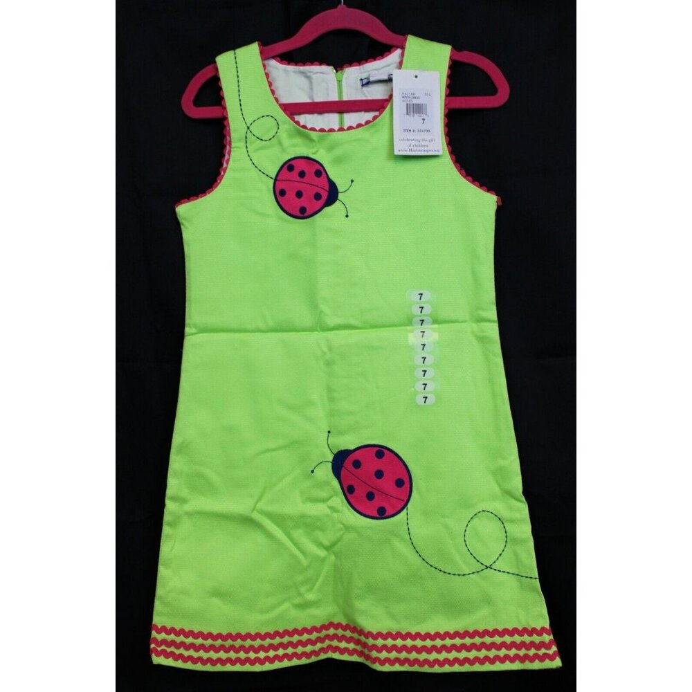 NEW Hartstrings Girl's Green Dress sz 7 Summer Ladybug Applique Spring Ric-Rac